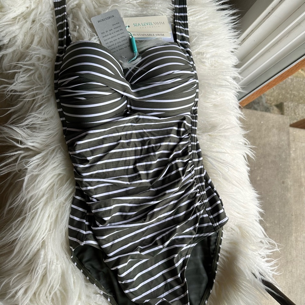 Sea Level Twist Front Multifit One-Piece Swimsuit Green & White Striped - Picture 5 of 7